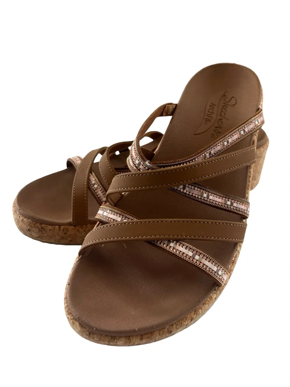 Skechers Arch Fit Beverley Wedge Sandal Cork Brown Beach Resort Womens Size 7